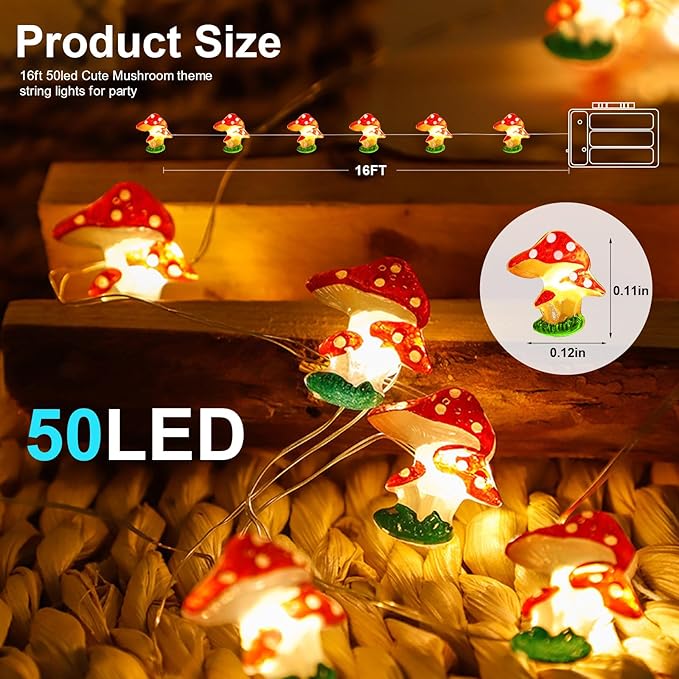 Aogist Mushrooms Decor String Lights, 16 ft 50 LED Battery Operated Fairy Lights Cute Mushroom Lamp for Bedroom Indoor Outdoor Lawns Garden Holiday Party Decorations (1 Pack)