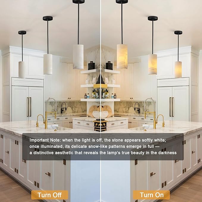 Alabaster Pendant Light Kitchen Island, H-9.5in Black Pendant Light Fixtures with Natural Marble Shade, Adjustable Ceiling Pendant for Dining Room, Living Room, Bedroom & Bathroom
