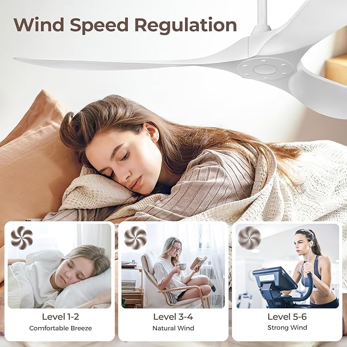 Ceiling Fan Without Lights,Outdoor Ceiling Fan with Remote, 6-Speed Adjustable Reversible DC Motor for Patio & Living Room (White, 52 in)