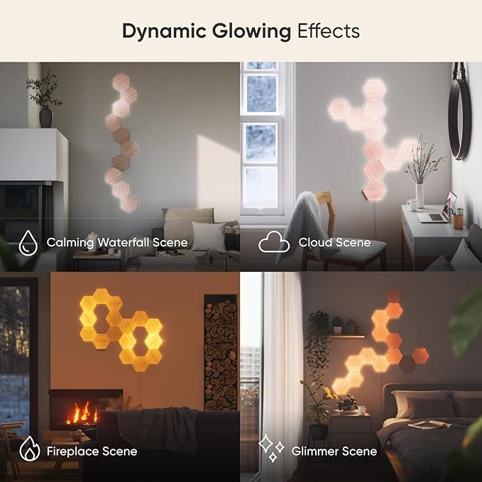 Nanoleaf Elements Wood Look Smart Wall Lights, Hexagon LED Wall Lights Work with Alexa Google Assistant, Home Wall Decor for Living Room with Music Sync, Ambient White 1500-4000K, Expansion 3 Panel