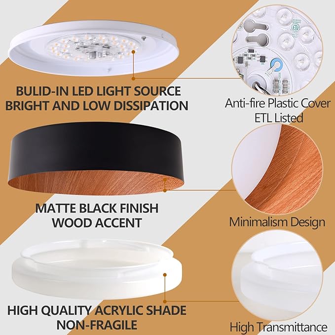 Bargeni Flush Mount Ceiling Light,13 inch Ceiling Light Fixtures,Matte Black with Wood Accent,3000K/Warm White/18W(100w Equiv.),Dimmable LED Lighting Fixtures Ceiling for Kitchen,Outdoor