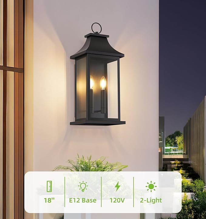 tewei 18'' Dusk to Dawn Outdoor Light Fixture, Porch Light Outdoor Wall Sconce Lights, 2-Light Black Exterior Lighting Fixture Wall Mount, Outside Light for House Garage, 1-Pack