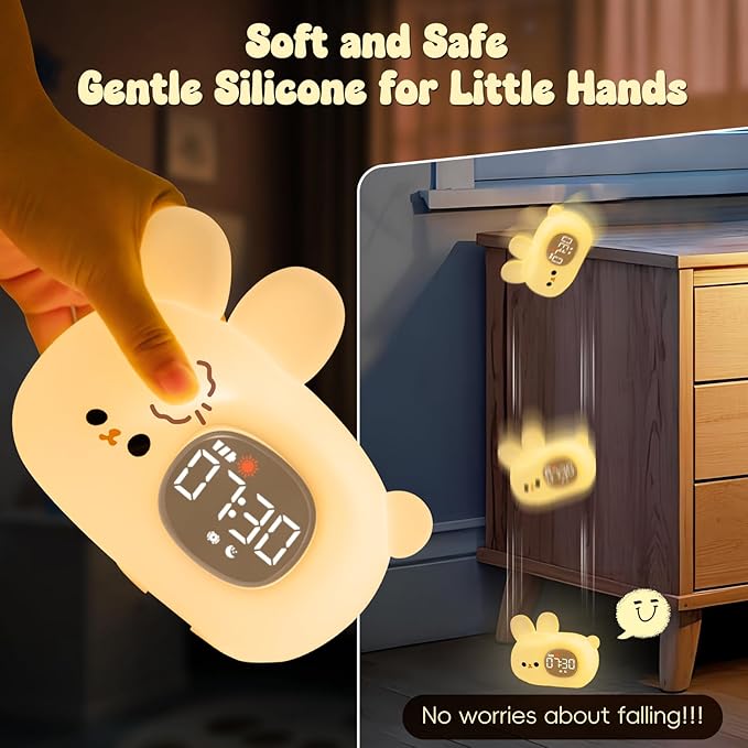 Bunny Alarm Clock with Night Light for Kids with Sleep Training and Sound Machine, Rechargeable Silicone Lamp OK to Wake Clock，Cute Animal Tabletop Lamp, Perfect Sleep Companion for Boys Girls