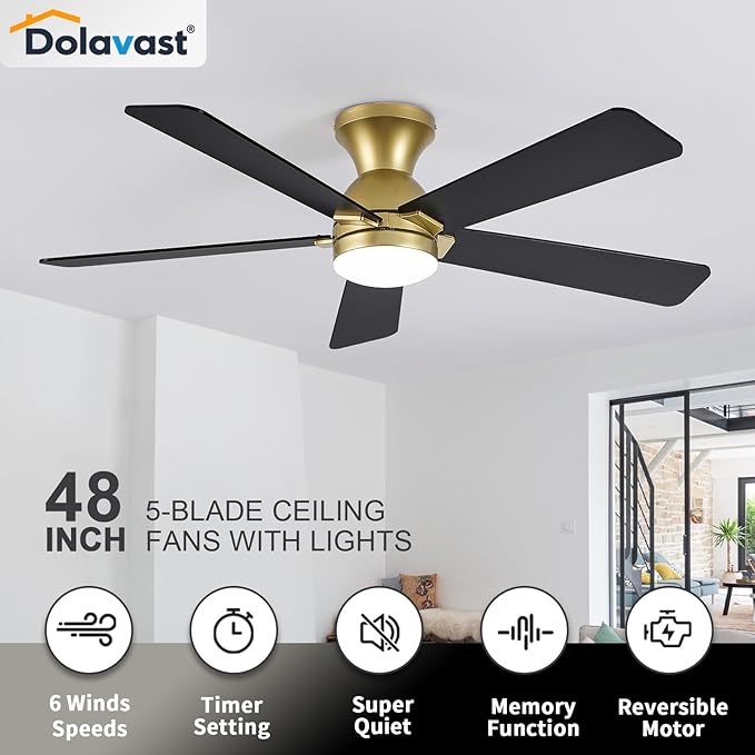 Ceiling Fans with Lights and Remote, 48 Inch Gold Ceiling Fan with Light, Low Profile Reversible Fandelier Ceiling Fan, Dimmable LED, Flush Mount, Quiet DC Motor, for Bedroom Kitchen
