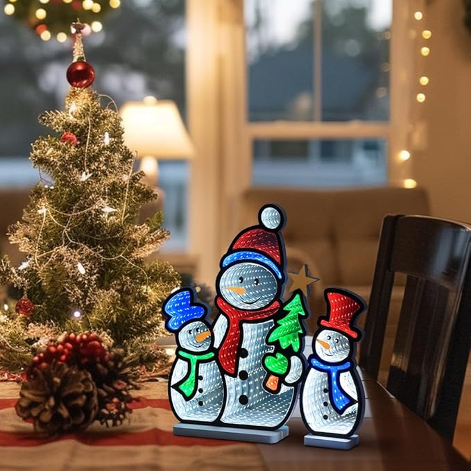 MEETYAMOR Christmas Decorations Indoor, Set of 3 Snowman Infinity Mirror Tunnel Light for Christmas Decor, Night Lights with Endless Extension for Home Mantel Table Centerpiece Lamp Xmas Decorations