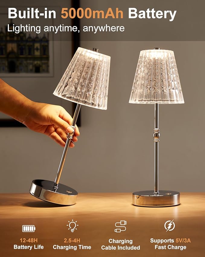 Cordless Table Lamp, 5000mAh Rechargeable Battery Operated Portable Lamp, Dimmable+3 Colors LED Touch Control, Vintage Crystal Lamp for Bedroom, Kitchen, Bar, Office