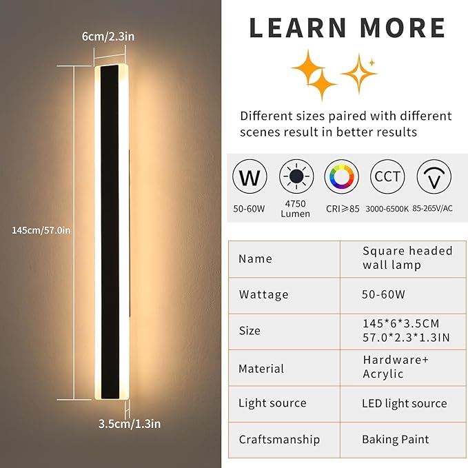 Mikeru 2Pack 57inch Outdoor Wall Light Fixtures, 3000/4500/6000K 3 Color Modern Black Linear Wall Lights Front Porch Light Wall Mounted Led Lighting for Basement, Shop,Garage Non-Dimmable