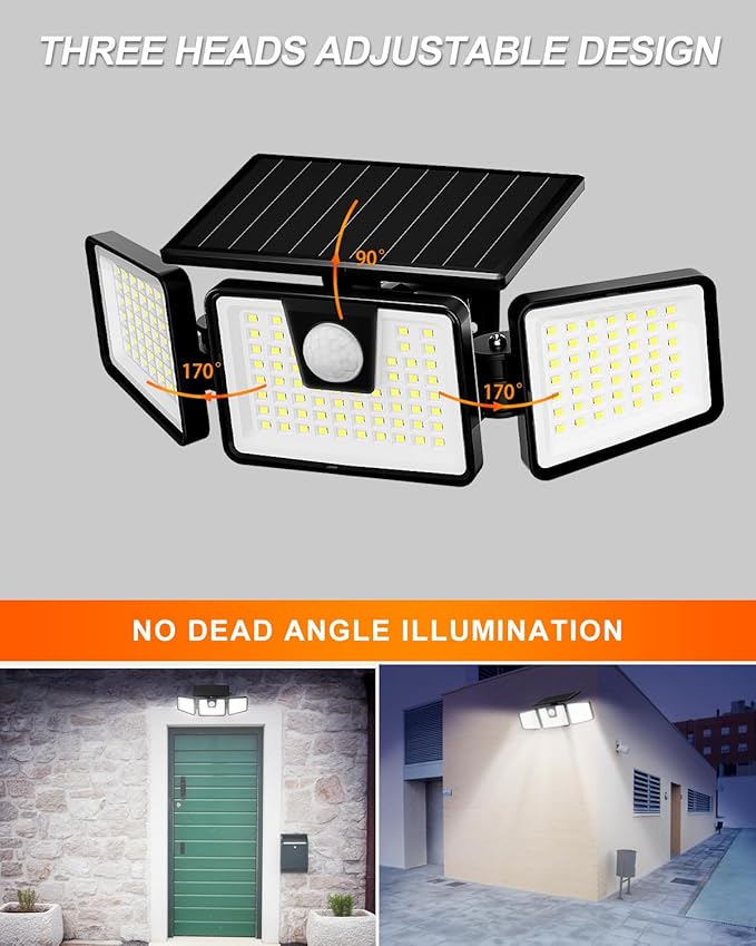 INCX Solar Lights Outdoor Waterproof, 3000 LM 156 LED Motion Sensor Outdoor Lights, 3 Heads Solar Powered Security Flood Light Motion Detected Spotlight for Patio Garage Yard Entryways, 2 Pack Black