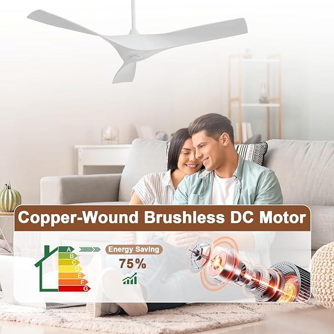 CACI Mall Ceiling Fan No Light, 52 inch Low Profile Flush Mount Modern Ceiling Fan with Remote Control and Reversible DC Motor, for Bedroom Living Room Patio Indoor Outdoor, White