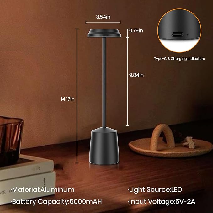 Aluminum LED Cordless Table Lamps Set of 2, Portable Rechargeable 5000mAh Battery Operated Black Table Light, 3 Color Stepless Dimming Touch Control, Desk Lamp for Dinner/Restaurant/Bars/Coffee Shop