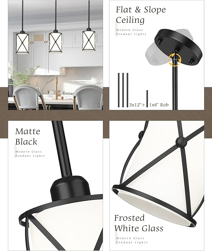 Glass Pendant Lights Kitchen Island, 2 Pack Modern Black Pendant Light Fixtures with Frosted Glass and Rod, Mid Century Cage Pendant Light for Kitchen Sink Dining Room, CH9176BKW-2PK
