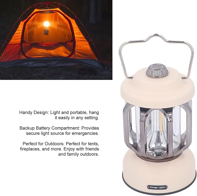 Retro Camping Lantern, Rechargeable LED Tent Lamp with 3 Light Modes, Dimmable Vintage Camping Light with Hook, USB Type C Portable Lantern for Garden Outdoor (Beige)