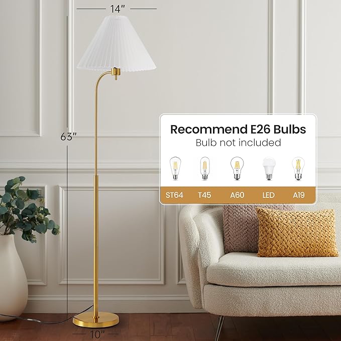 Retro Floor Lamp – 63” Mid Century Modern Floor Lamp with White Pleated Empire Shade, Minimalist Curved Brass Pole Arc Mid-Century Standing Lamp for Cozy Living Room, Bedroom, Reading Corner (Gold)