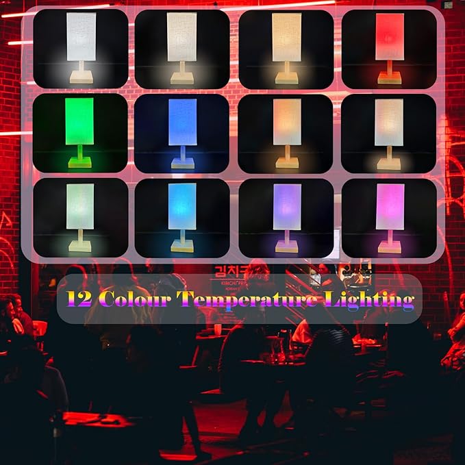 Wireless Bedside Table Lamp with 2 Pcs E26 RGB Rechargeable Battery Bulb, Remote Control, Dimmable, Timer, Cylindrical Fabric Light for Living Room, Bedrooms, Reading, Night Lighting