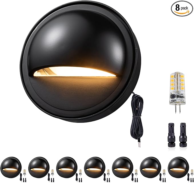 Gardenreet Low Voltage Deck Lights - Landscape Solid Brass LED Step Lights Outdoor, 12V Hardwired IP65 Waterproof, Round Black for Fence Wall Stair with 3W 5000K Daylight G4 Bulb 8 Pack
