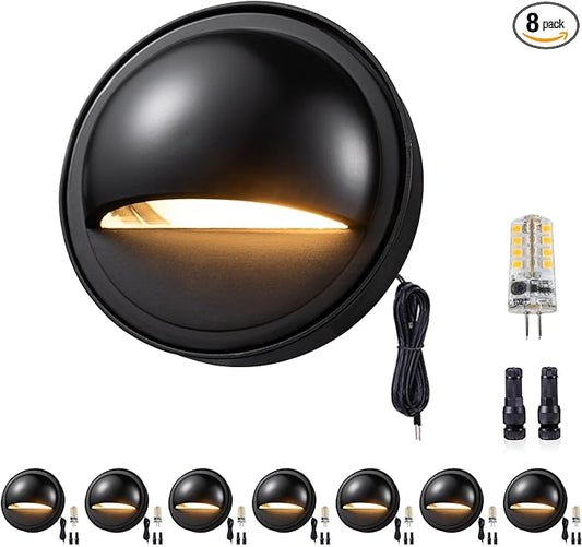 Gardenreet Low Voltage Deck Lights - Landscape Solid Brass LED Step Lights Outdoor, 12V Hardwired IP65 Waterproof, Round Black for Fence Wall Stair with 4000K Neutral White G4 Bulb 8 Pack