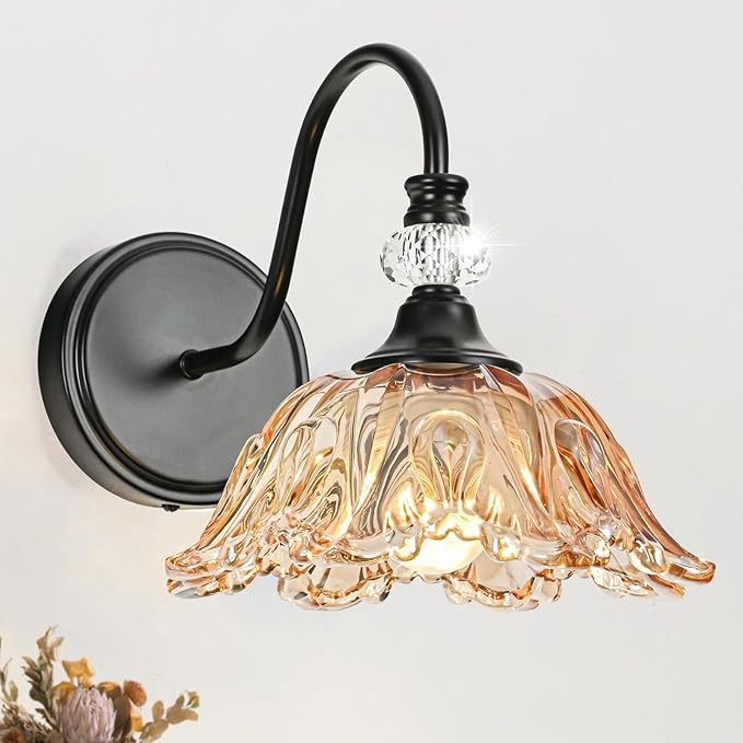 Black Wall Sconces with Floral Amber Glass Shades, Black Farmhouse Wall Mount Lighting for Bathroom,Vintage Bathroom Vanity Light Fixtures