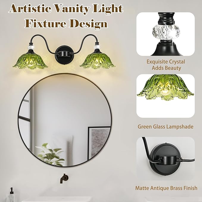 Black Bathroom Vanity Light, 2-Light Vanity Light with Floral Green Glass Shades,Vintage Farmhouse Wall Mount Lighting for Bathroom, Dressing Table