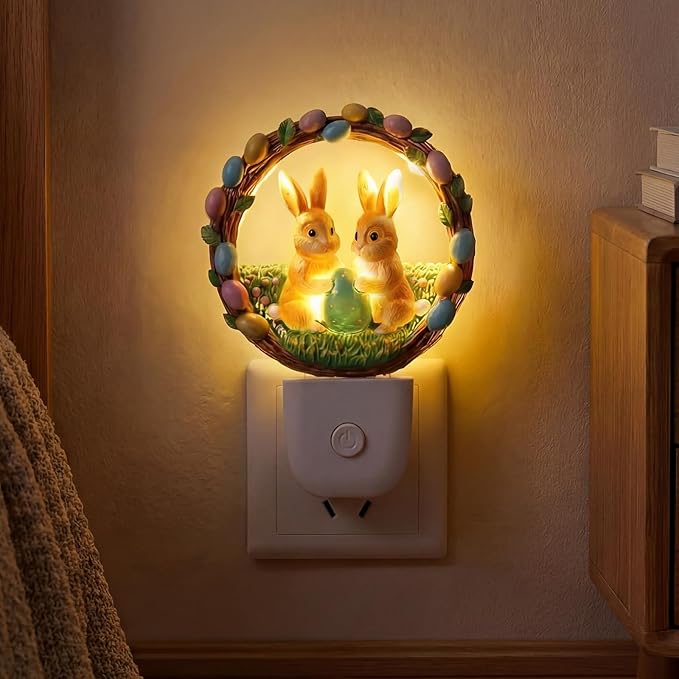 VIHOSE Easter Night Light Easter Bunny Light Decoration Plug into Wall LED Nightlight Resin Egg Wreath Flower Bunny Decorative Lamp for Spring Indoor Bedroom Room Home Nursery Rabbit Lighting Gifts
