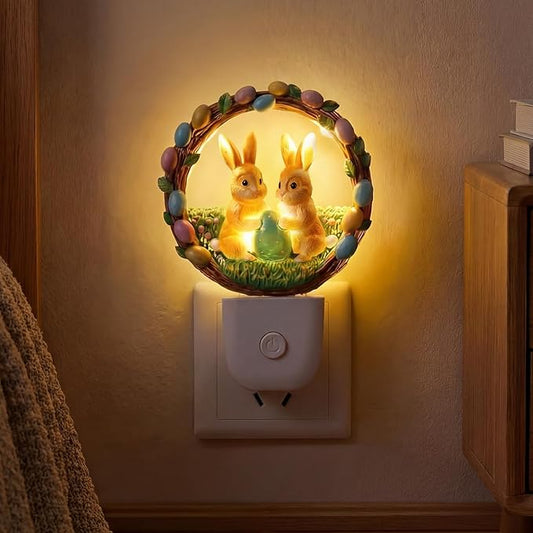 VIHOSE Easter Night Light Easter Bunny Light Decoration Plug into Wall LED Nightlight Resin Egg Wreath Flower Bunny Decorative Lamp for Spring Indoor Bedroom Room Home Nursery Rabbit Lighting Gifts