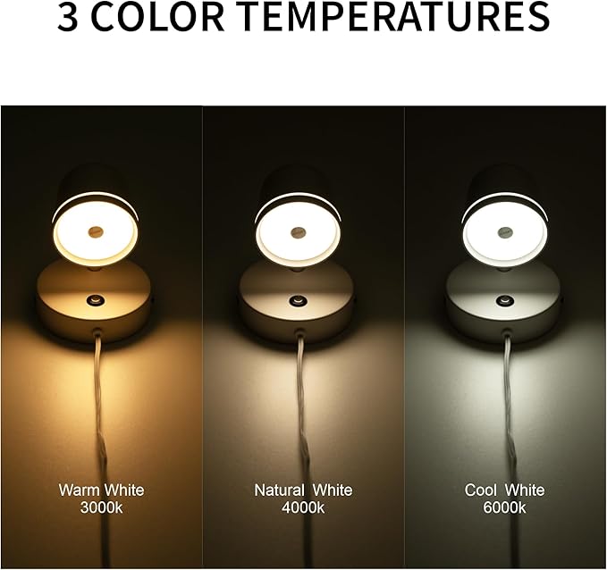 Aisilan Plug in Wall Sconce, Touch Dimmable Wall Light with 3 Color Temperatures, Adjustable 7W LED Sconce CRI97, Modern White Aluminum Plug in Wall Lamp for Bedroom Bedside Reading