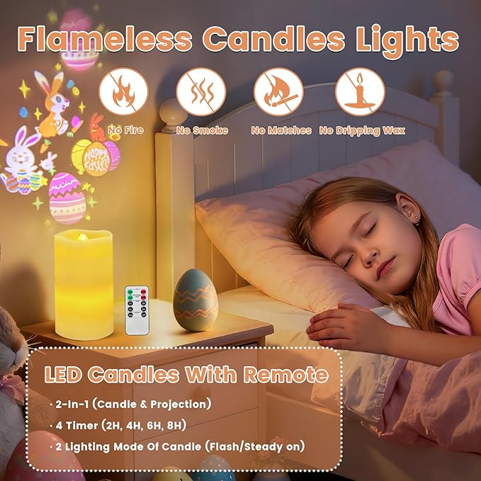 Easter Flameless Candle Projector Light, Easter Decorations Candles Lamp with Cute Bunny/Egg Projection, Battery Operated LED Candle with Remote Timer for Spring Table Home Decor (Ivory - Easter)