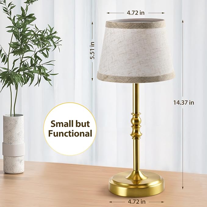 Small Gold Rechargeable Table Lamp,12-14 Inch Tall Vintage Style,Battery Powered Cordless Desk Lamp,Mini Touch Control Bedside Lamp,Warm Light 3000K for Nightstand Bedroom Counter Living Room-1 Pack