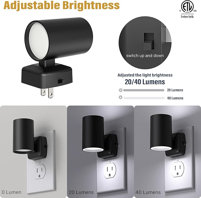 Led Night Light Plug in,Night Lights Plug into Wall Dusk to Dawn Sensor,20lm/40lm Adjustable Brightness,5700k Daylight,Dimmable Night Light for Hallway Bedroom Bathroom 2 Pack ETL-Certified