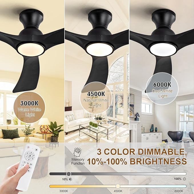 Black Ceiling Fans with Lights Flush Mount,52 inch Solid Wood,Remote Control,Wall Switch,Dimmable,Reversible,Noiseless,Power Off Memory Modern Ceiling Fan Low Profile for Bedroom Indoor/Outdoor