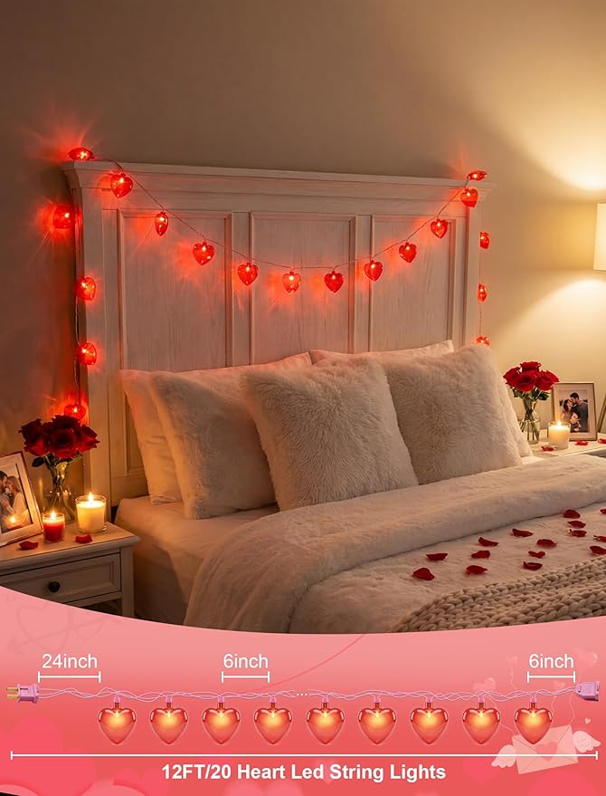 Valentine’s Day Red Heart String Lights, 12FT Plug-In Connectable Fairy Lights with 20 LED Glitter Heart Bulbs, Romantic Indoor Outdoor Decor for Wedding, Party, Window, Anniversary, Christmas