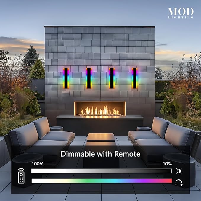 𝗠𝗢𝗗 𝗟𝗜𝗚𝗛𝗧𝗜𝗡𝗚 Haylen RGB | Long Outdoor Wall Lights, 7 Colors and 358 Light Effects, Dimmable with Remote Modern Linear Exterior Light Fixture, Waterproof Wall Sconce 45W, 2-Pack (RGB |12")