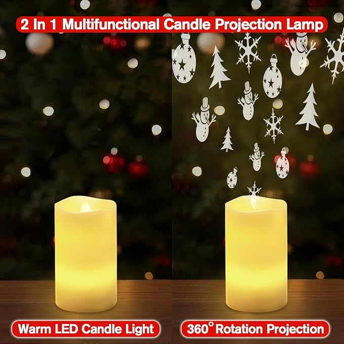 Flameless Candle Christmas Projector Light, Battery Operated Snowflake Candles Lamp with Remote and Timer, Plug-in LED Candle Lamp for Christmas Party Gift Decor (Ivory - Xmas)