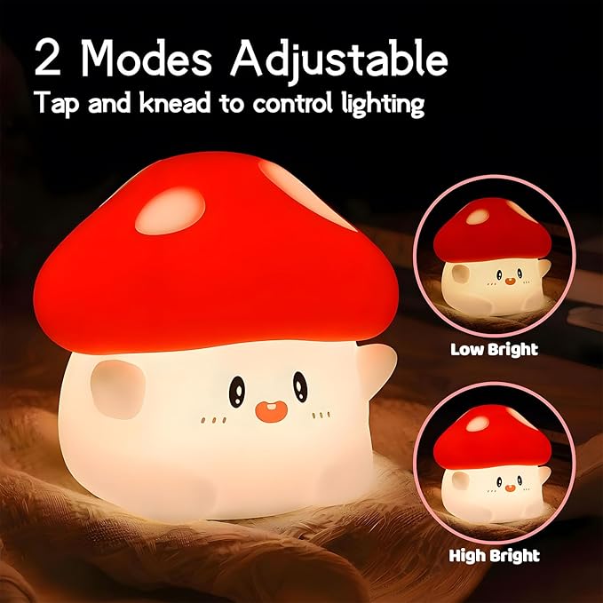 Mushroom Night Light Color Changing, 50Hrs Mushroom Lamp, Tap Control 2 Brightness & Timer, Rechargeable Squishy Night Lamp for Kids Adults, [Easter Gifts]