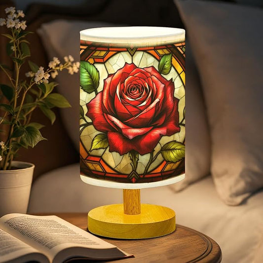 Rose Table Lamp LED 3-Color Pressed Bedside, Rose Shade Lamp with Wood Base for Bedroom Living Room Desk Office TL01