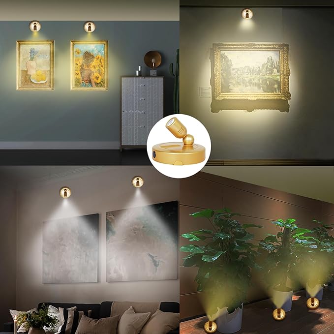 Indoor Spotlight, Battery Operated Picture Light with Remote, 3 Lighting Modes LED Display Lights, Plant Tree Spotlight with Timer, Up Lights for Art Display Dartboard Artwork Frames-Gold