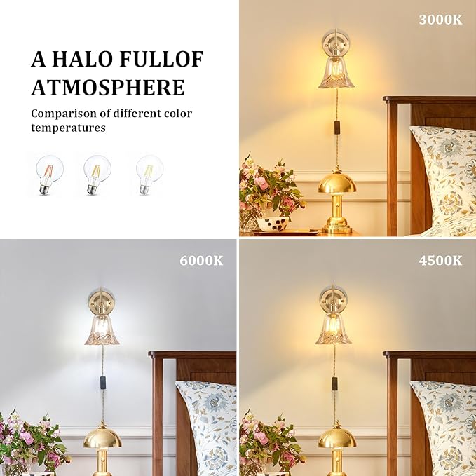 Plug in Wall Sconce Set of 2, Gold Vintage Wall Decor Lights with Amber Morning Glory Glass Shade, Indoor Brass Corded Wall Lamp Fixture for Bedroom Living Room Bathroom Hallway