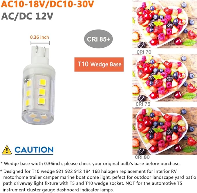 3W T10 Wedge Base RV 921 LED Light Bulb 12VAC/DC Landscape Garden Patio Path Driveway Malibu, RV Camper Trailer Motorhome Marine Boat Dome Fixture Lighting(6000K Daylight White)-6 Pack