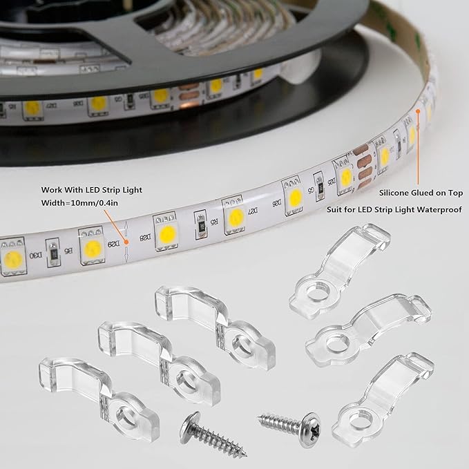 MMSD 100 Pack LED Strip Light mounting Bracket LED Tape clamp with 102 Screws Suit for 10mm Wide IP65 Waterproof Strip Light
