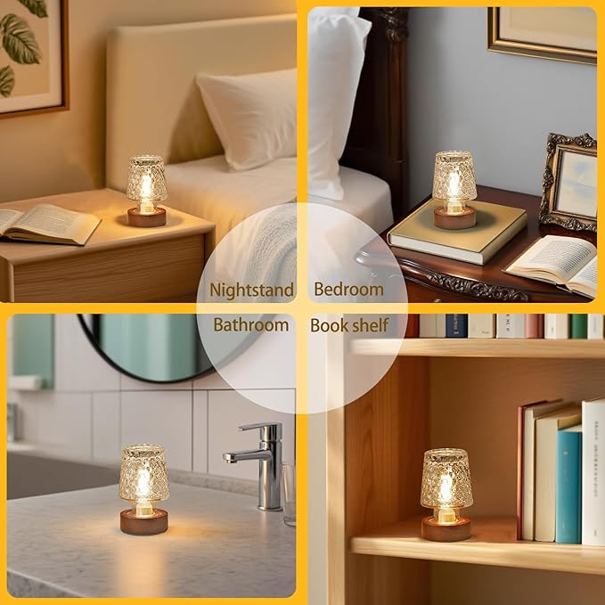 Mini Soft Warm LED Night Light, Battery Operated Portable Glass Lamp with Timer, Art Deco Style, Crystal Color, for Adults