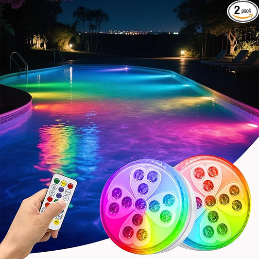 Pool Lights, 10 Colors Rechargeable Submersible LED Lights with Remote & 6 Modes, IP68 Waterproof Dimmable Shower Lamp, LED Underwater Light for Inground Above Ground Pool Party Hot Tub (2 Pack)