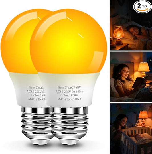1800K Amber Sleep Light Bulbs, 99.96% Blue Light Blocking, A15 6W(40 Watt Equivalent) Soft Warm Light Bulbs, Eye-Caring Amber Soft Yellow Night Light E26 for Bedroom, Reading, Baby Nursery, 2 Packs