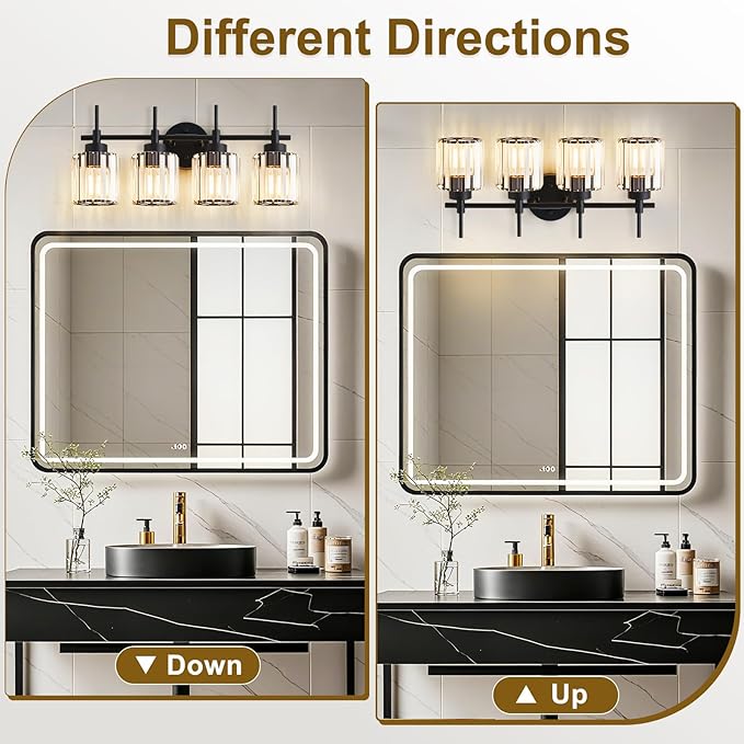 4 Light Round Crystal Vanity Lights, Modern Black Crystal Wall Light Bath Mirror Light Fixture Over Mirror Bathroom Wall Sconces for Bathroom Living Room