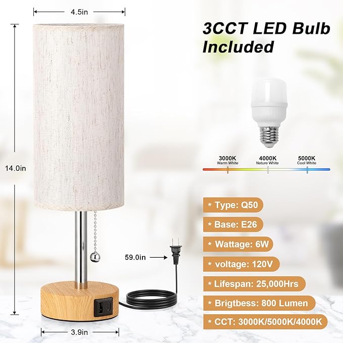Small Table Lamp for Bedroom Nightstand - Bedside Lamp with USB A + C Charging Port, 3 Color Temperatures Pull Chain Night Stand Light, Wood Base Desk Reading Lamp for Class Room/Nursey