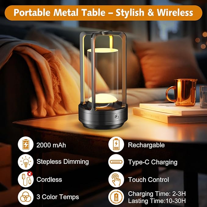 Portable Table Lamp for Outdoor Indoor: Cordless Rechargeable Desk Lamp with 3 Color Stepless Dimmable - Metal Battery Operated Lantern Light for Bedroom/Bar/Coffee Shop/Camping (Graphite)