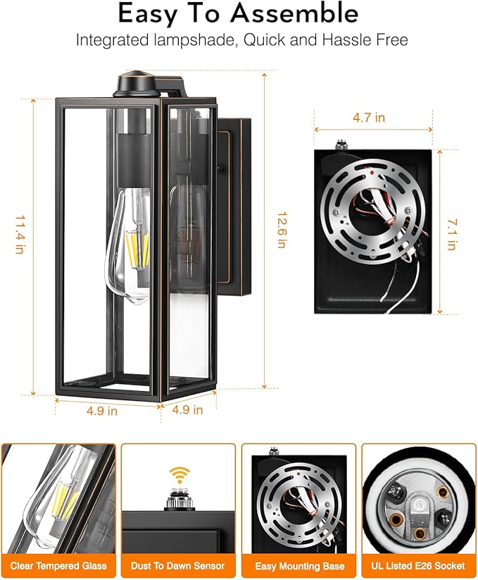 VIANIS Dusk to Dawn Outdoor Wall Lighting, Exterior Waterproof Wall Sconce Light Fixtures, Black Outside Porch Lights with Toughened Glass Shade, Anti-Rust Wall Mount Lantern for Garage 2Pcs