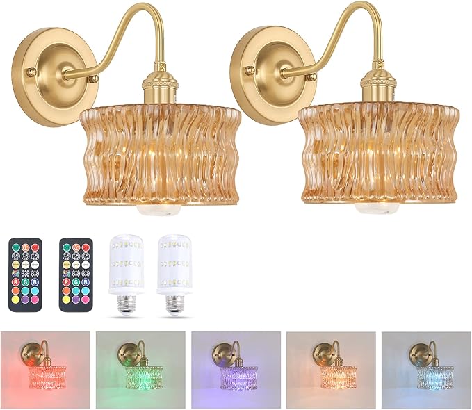 Battery Operated Wall Sconce Set of 2, Vintage Rechargeable Wall Lights with Amber Ripple Glass Shade, Wireless Indoor Wall Lamp with Remote for Bedroom Living Room Bathroom