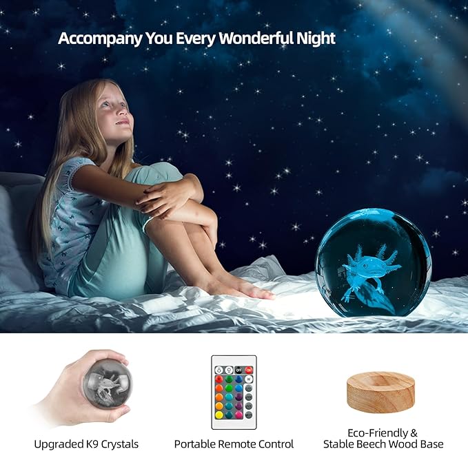 3D Axolotl Crystal Ball Night Light with Remote, Upgraded 3.15 Inch Axolotl Glass Ball Lamps with 16 Color LED Wooden Base for Birthday Holiday Xmas, Cool Axolotl Toy Decor Gifts for Boys Girls Kids