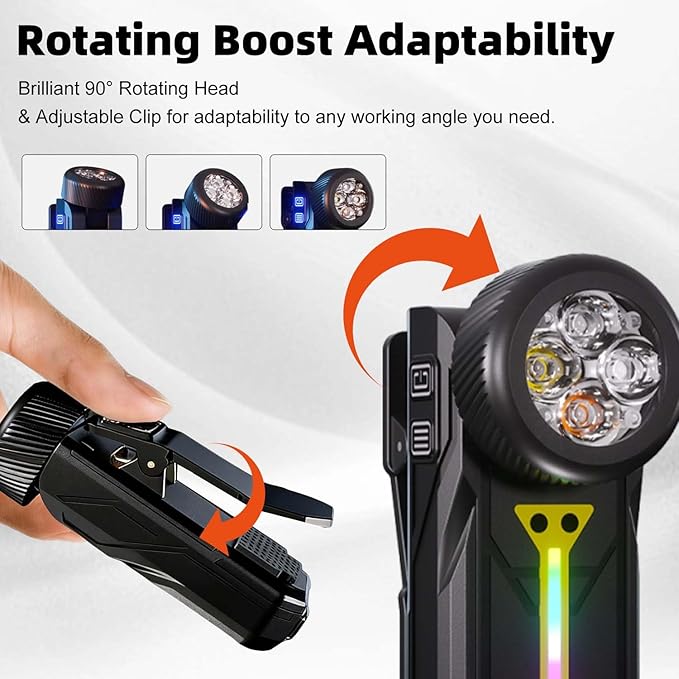 Rechargeable Flashlights EDC Clip-on Light, Bright 680 Lumens Pocket Flashlight, Combines Spotlight/Floodlight/RGB Light, Magnetic, IPX6 Waterproof for Cycling, Repairing (Black)