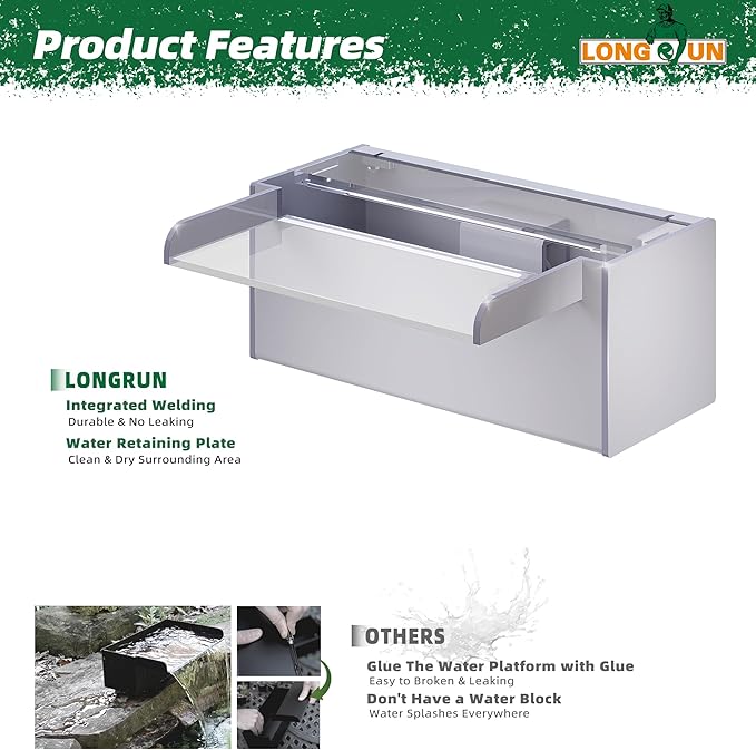 Longrun Pond Waterfall Box with Pump Kit, Transparent Acrylic Pond Waterfall Spillway with 680 GPH 3000L/H Pump for Ponds, Pond Spillway Color-Changing LED Light Strip for Garden (11.8")