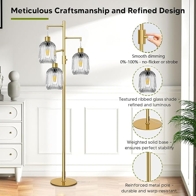 Modern Standing Lamps for Living Room, Floor Lamp with Clear Ribbed Glass Shade, Dimmable Tree Lamp Standing Lamp, Mid Century Tall Lamps with 3×600LM LED Bulbs